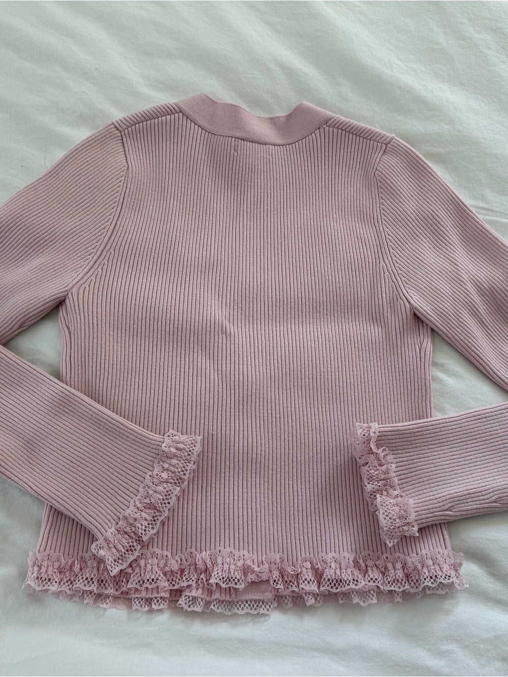 Pink Ribbed Lace-Trim Cardigan - Picture 2 of 3